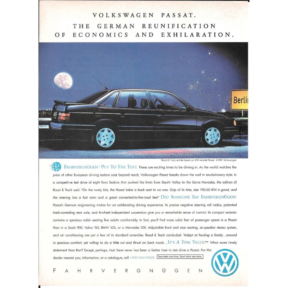 Volkswagen VW Passat Black Sedan German Car Vintage Print Ad Advertisement 1992